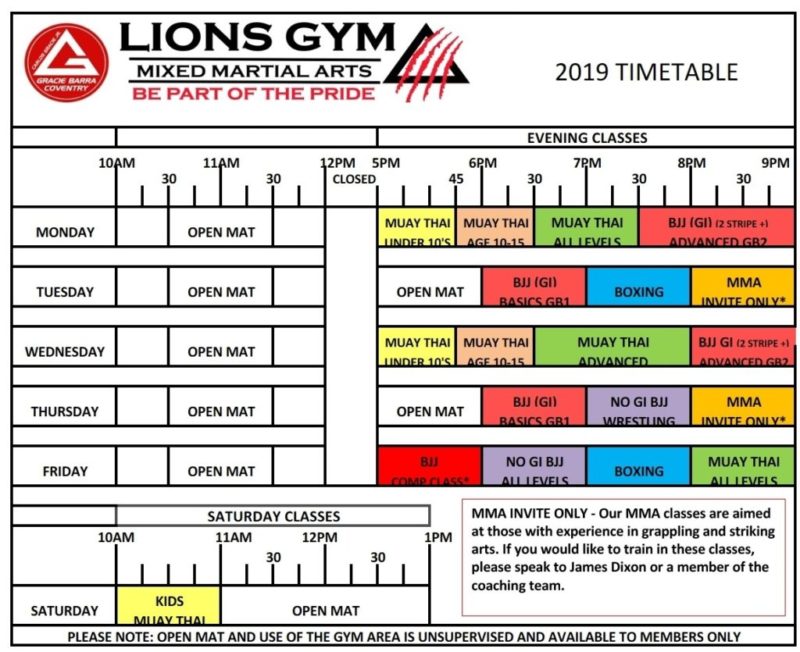 Timetable Martial Arts Academy in Coventry Lions Gym MMA Coventry